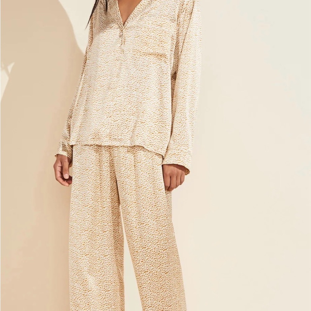 Eberjey- Inez Washable Silk Printed Long PJ Set, Mink Puff/Bone Color, Large